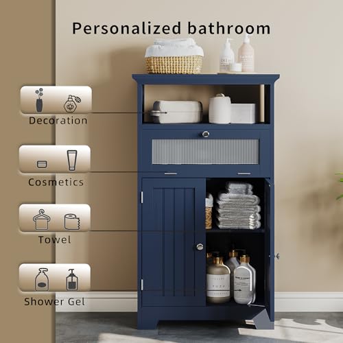 ChooChoo Bathroom Floor Storage Cabinet with Flip Glass Drawer, Freestanding with 2 Doors, Adjustable Shelf & 1 Open Storage for Living Room, Hallway