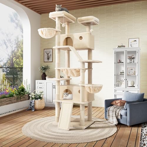 SHA CERLIN 81in Multi-Level Tall Cat Tree Tower for Indoor Kitties/Larger Cat Condo Furniture with Hammock/Cozy Pussycat Perches/Sisal Scratching