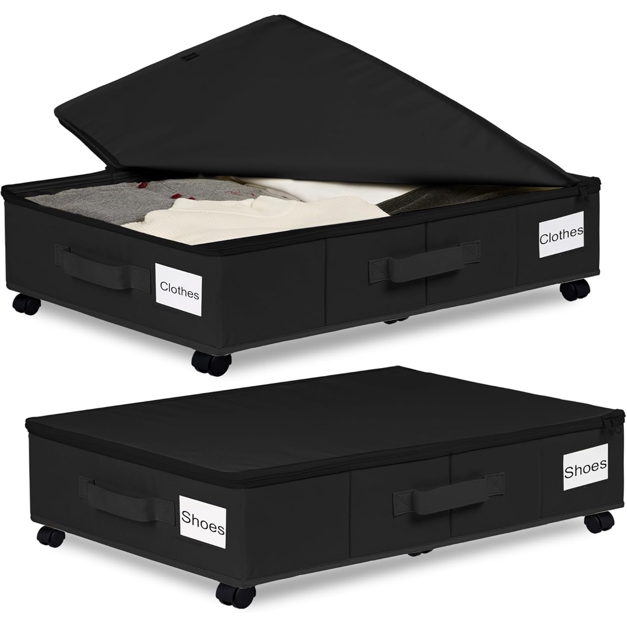 Under Bed Storage with Wheels, 2 Pack Under Bed Storage Containers with Label Holders for Clothes, Shoes and Blankets
