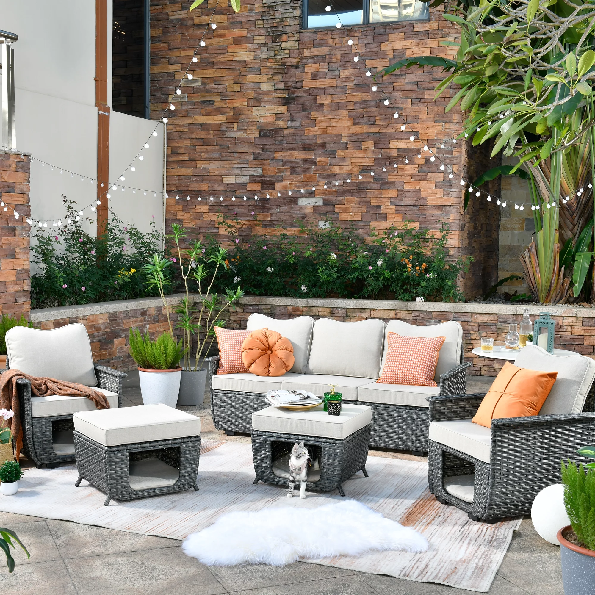 Ovios 5 Pieces Outdoor Furniture All Weather Wicker Patio Conversation Sectional Sofa Set with Storage Box for Garden Backyard