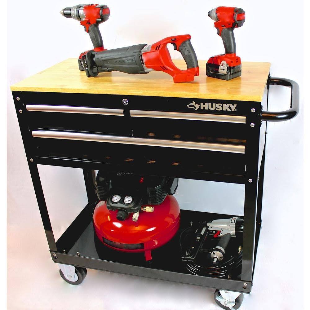 Husky 36 in. 3-Drawer Rolling Tool Cabinet Cart with Wood Top Black HOUC3603B1QWK