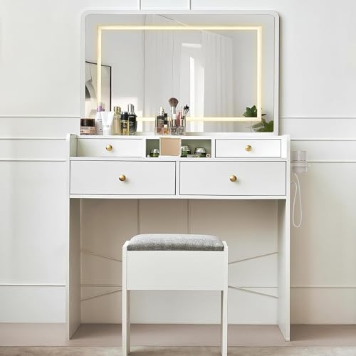 Vanity Desk with Mirror and Lights, Makeup Vanity Table with Drawers, Storage Stool