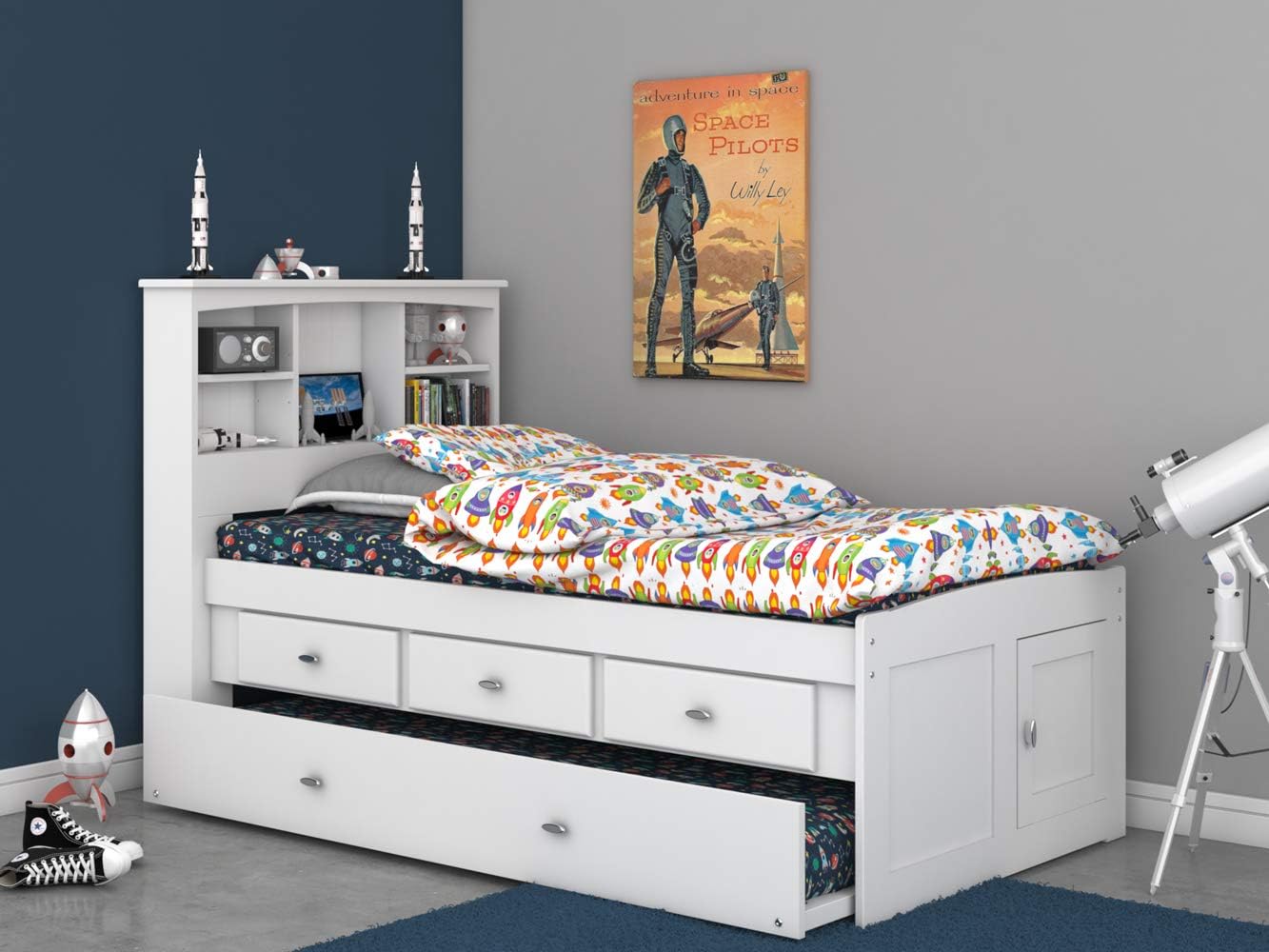 White Twin Bookcase Bed with 3 Drawers and Trundle