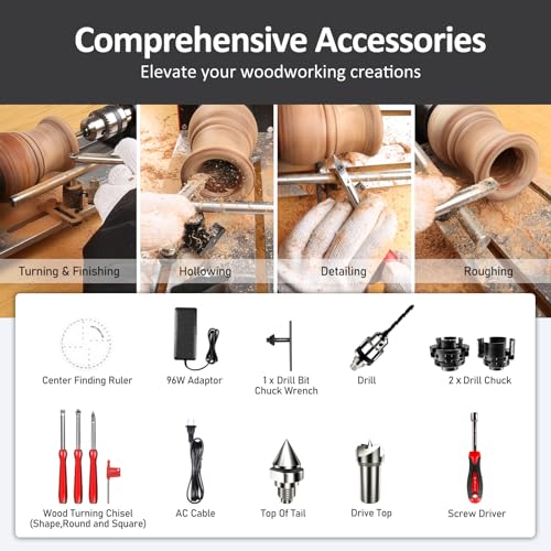 Mini Lathe, WM101A-Plus Mini Wood Lathe Machine, 24VDC 96W Power Lathe, Small Benchtop Lathe with Wood Turning Lathe Tools Kits