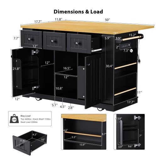 Bellemave Kitchen Island with Storage Cabinet on Wheels, 53.5'' Mobile Kitchen Cart with Power Outlet, Drop Leaf, Spice/Towel Rack and Drawer