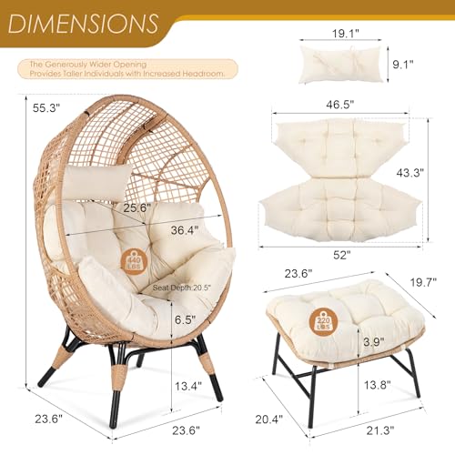 NICESOUL Egg Chair Indoor Outdoor, Large Egg Lounge Chair w/Ottoman, Oversized Comfy Cushioned Brid Cage Seat 440lbs