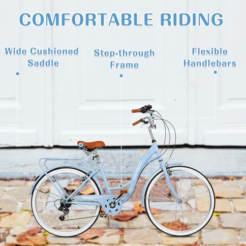 26 Inch Beach Cruiser Bike for Women, Hybrid Cruiser Bike with 7 Speed, Adjustable Seat, Lightweight Women Beach Cruiser Bike with Anti-Skid Tires