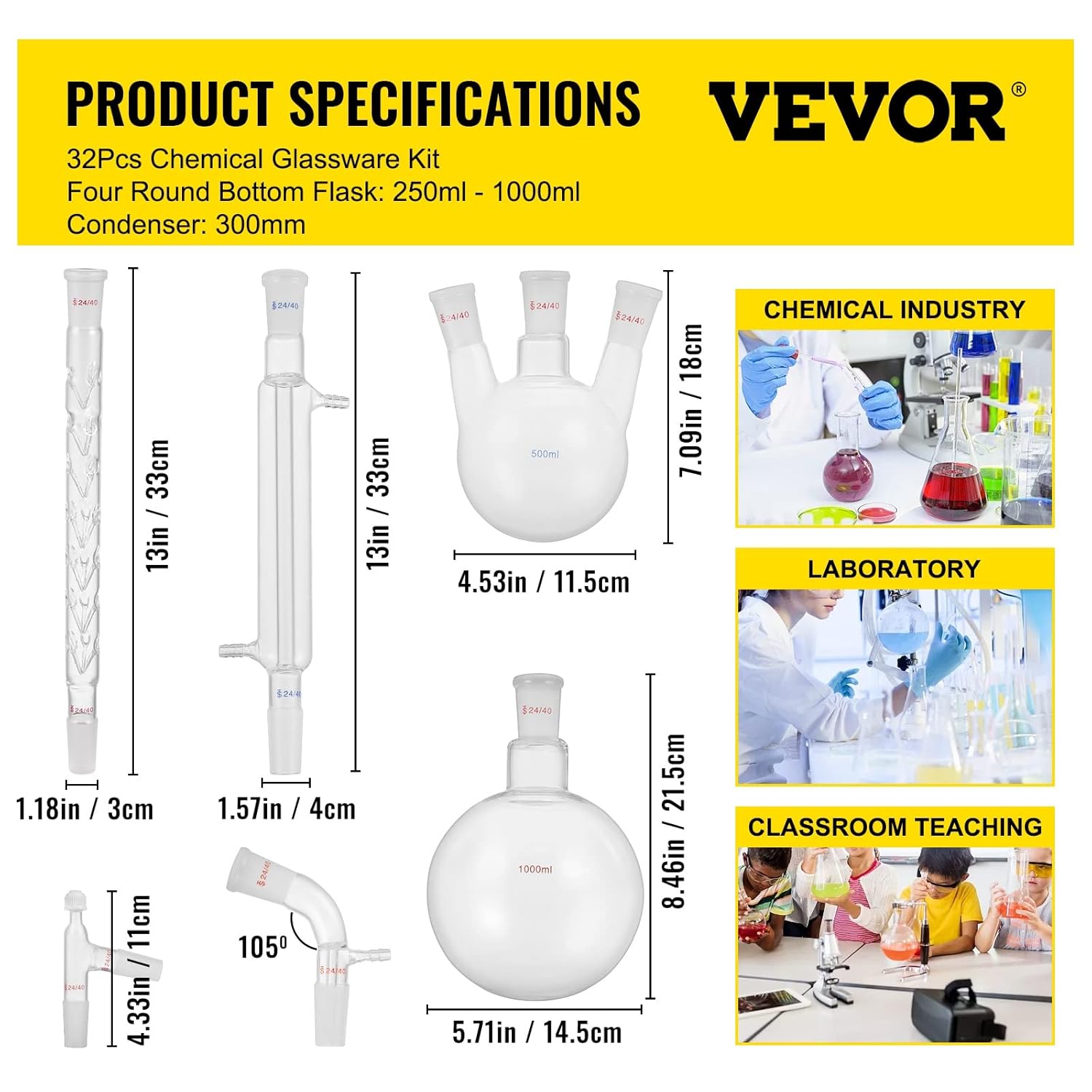 VEVOR New Laboratory Glassware 24/40 Chemistry Glassware 32PCS Chemistry Lab Glassware Kit 250 1000ml for Distillations Separation Purification