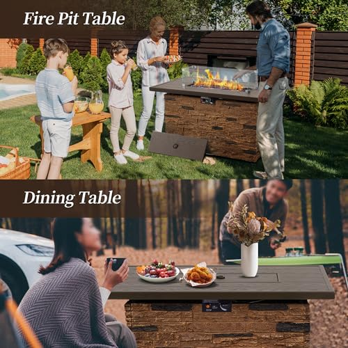 43¡± Propane Fire Pit Table Outdoor Rectangular Stone Firepit Table 50,000 Btu Propane Fire Tables for Outside Patio with Glass Wind Guard, Lid