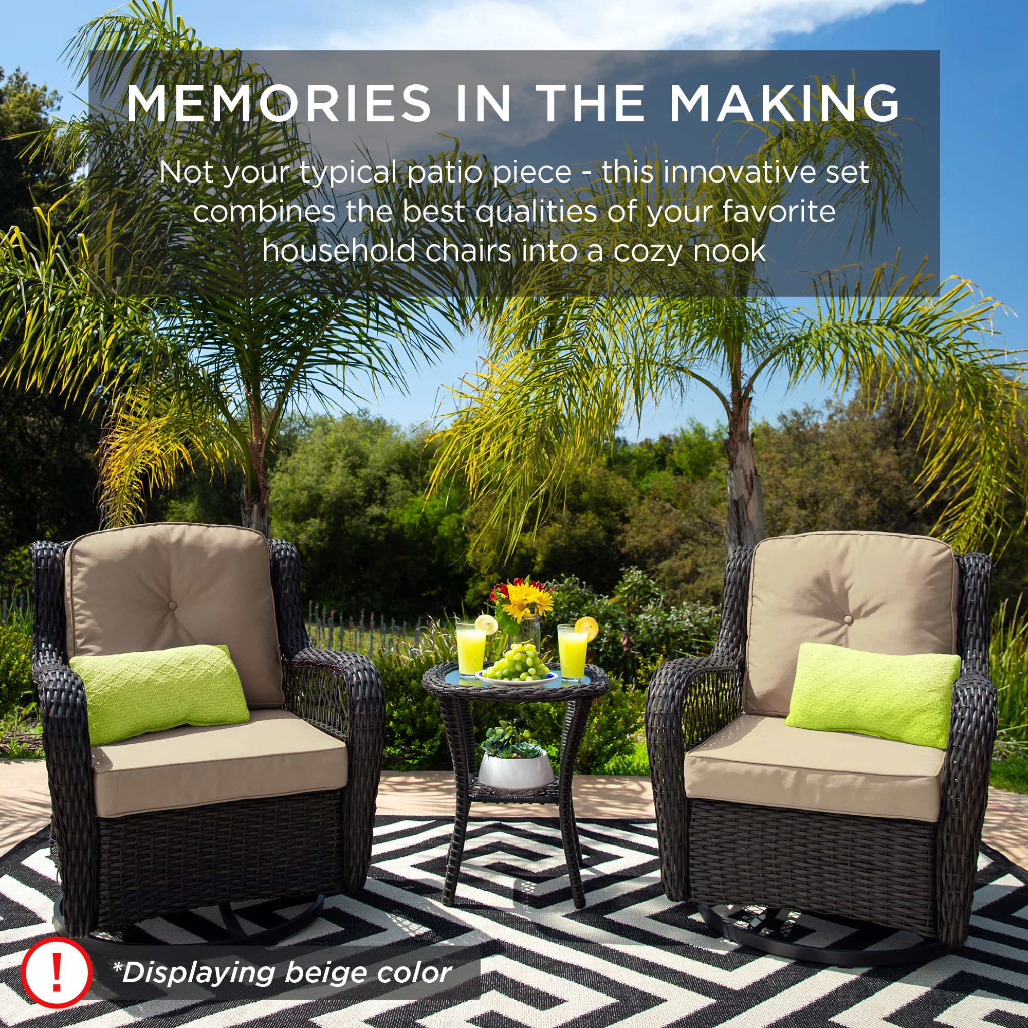 Best Choice Products 3-Piece Patio Wicker Bistro Furniture Set w/ 2 Cushioned Swivel Rocking Chairs, Side Table - Navy