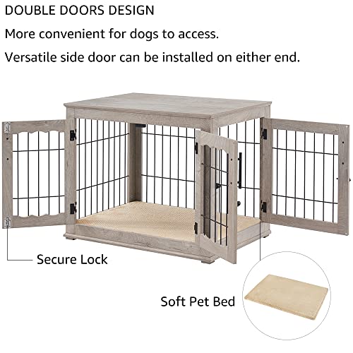 beeNbkks Furniture Style Dog Crate End Table, Double Doors Wooden Wire Dog Kennel with Pet Bed, Decorative Pet Crate Dog House Indoor Medium Large