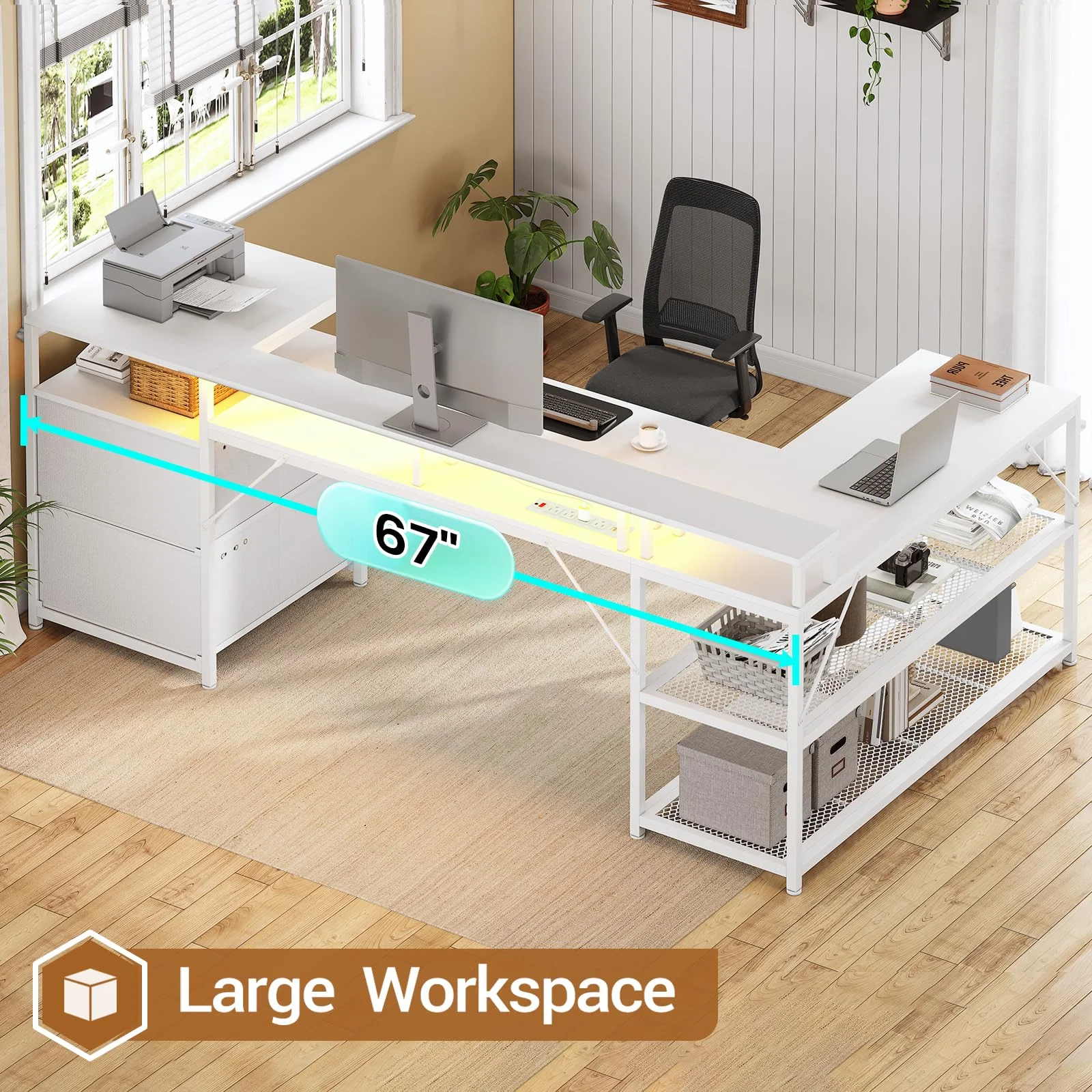 L Shaped Desk with Power Outlet and 2 Drawers, Reversible Computer Desk with LED Lights for Home Office, White