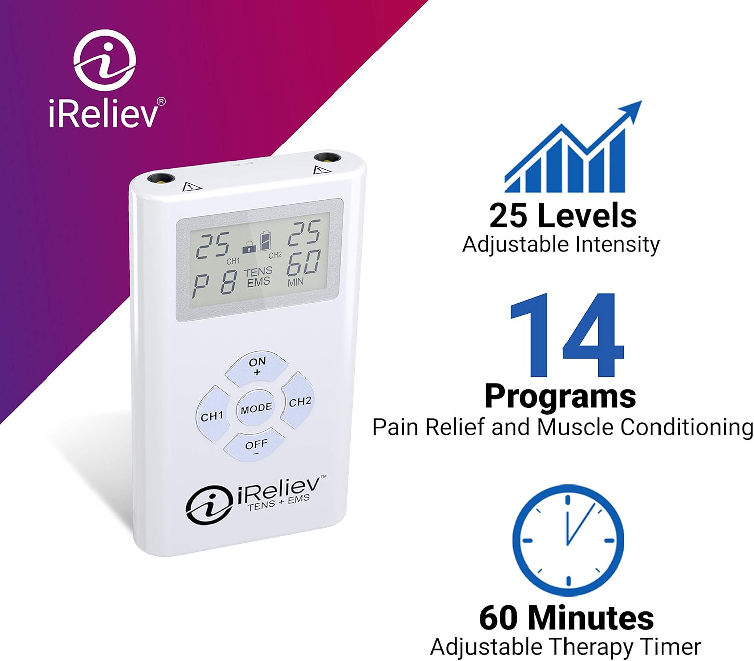 iReliev TENS Unit Muscle Stimulator Combination with Premium Carry Case - TENS for Pain Relief & Arthritis - EMS for Muscle Strength, Recovery