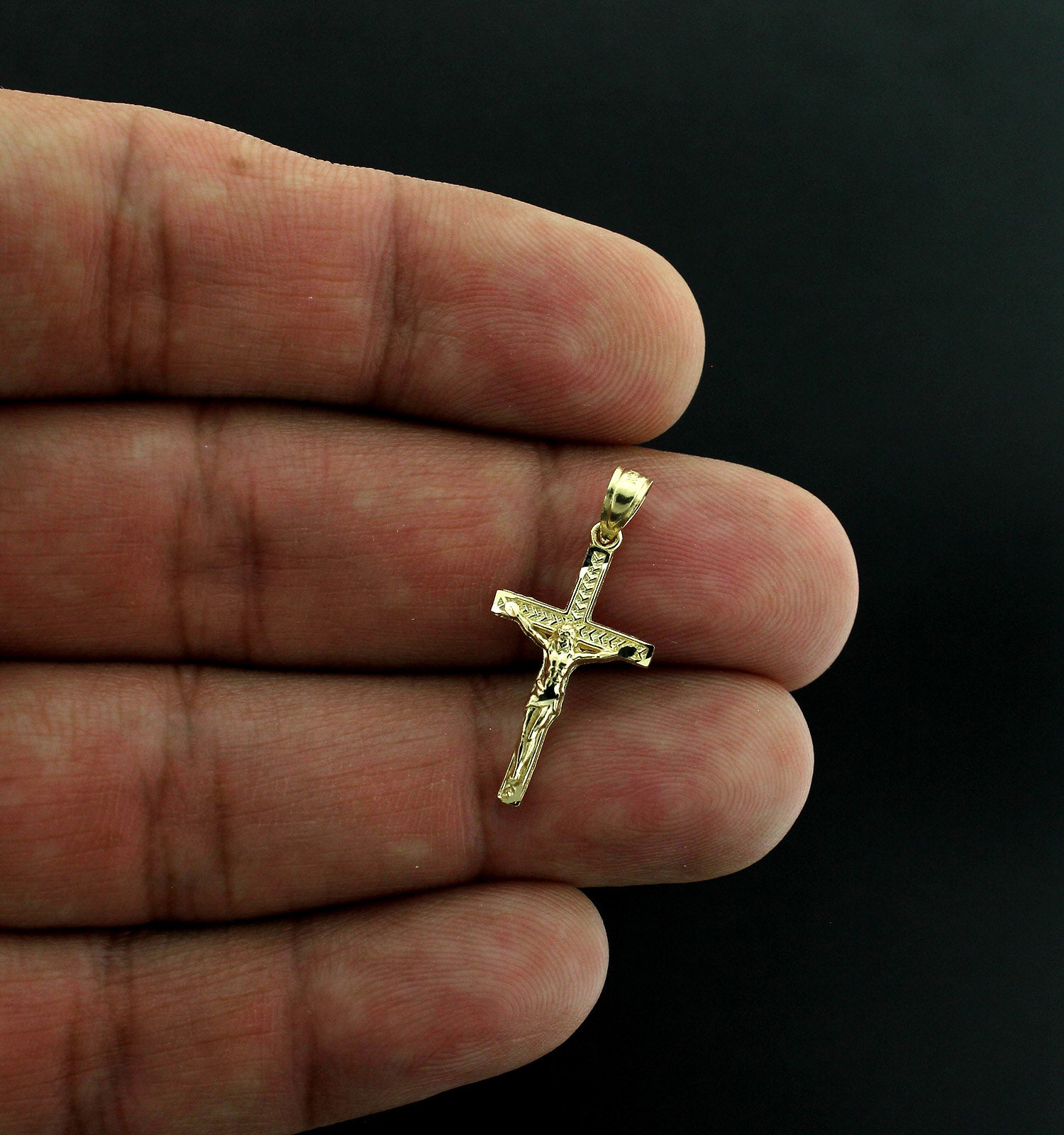 Real 10K Yellow Gold Jesus Cross Charm Pendant Diamond Cut & 2mm Rope Chain