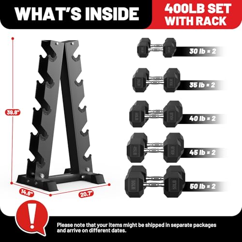 PAPABABE Hex Dumbbell Sets with Rack, 60-550lb Rubber Coated Dumbbell Weight Set and Storage Rack, Multiple Options Hand Weights for Strength Training