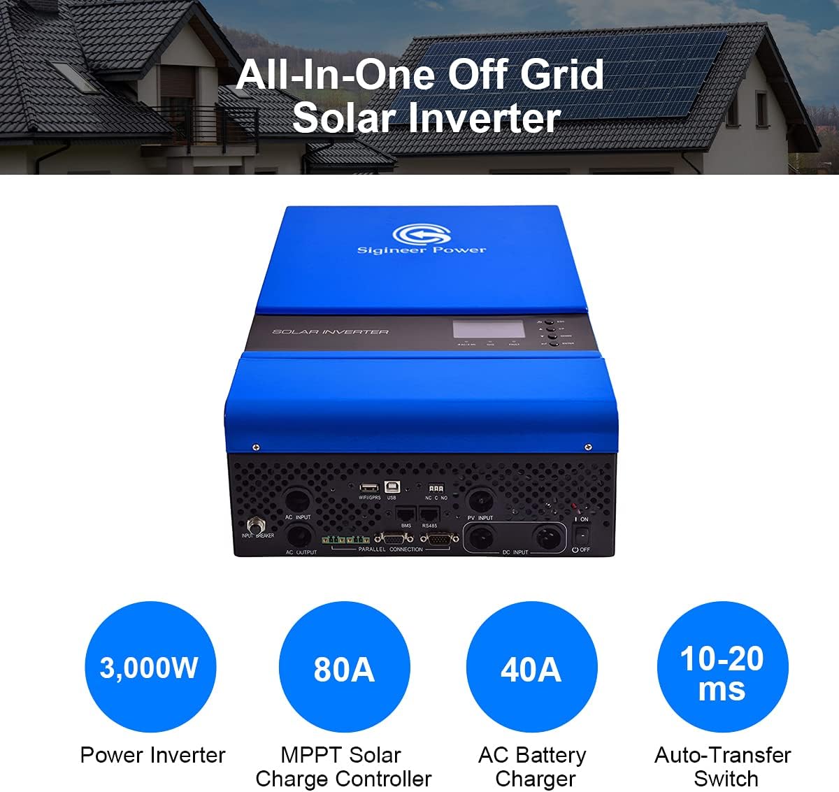 Sigineer Power 3000W Solar Inverter,Built-in 80A MPPT Solar Charge Controller,48V DC to 120V AC Pure Sine Wave Inverter