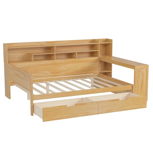 Corner Twin Bed Frame with Bookcase Storage and Desk, Wood Day Beds with 2 Drawers, Twin Size Daybed with Storage for Living Room