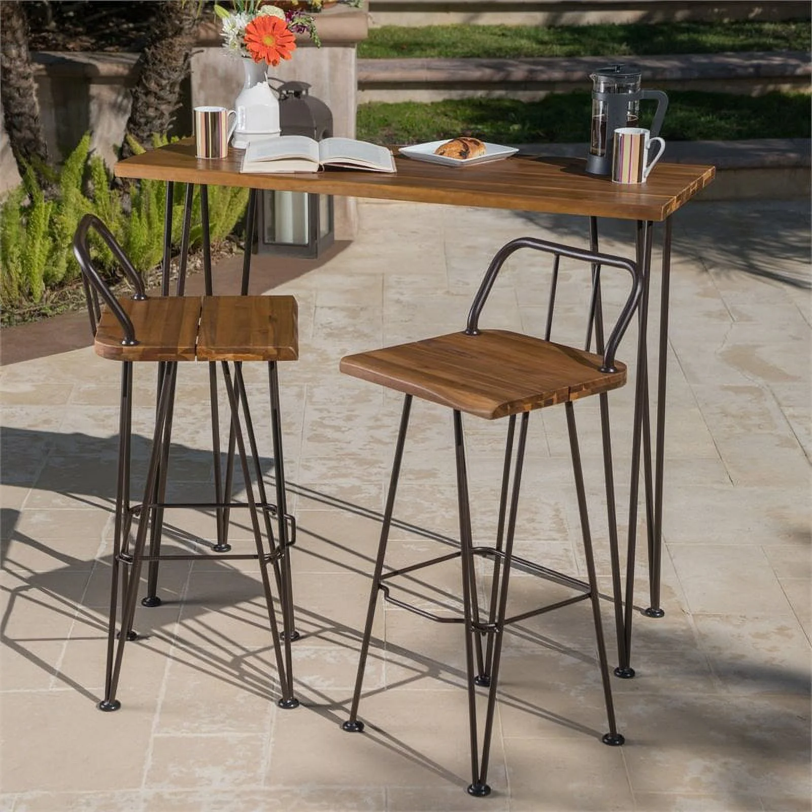Noble House Denali Outdoor Teaked Acacia Wood Bar Set with Metal Iron Frame