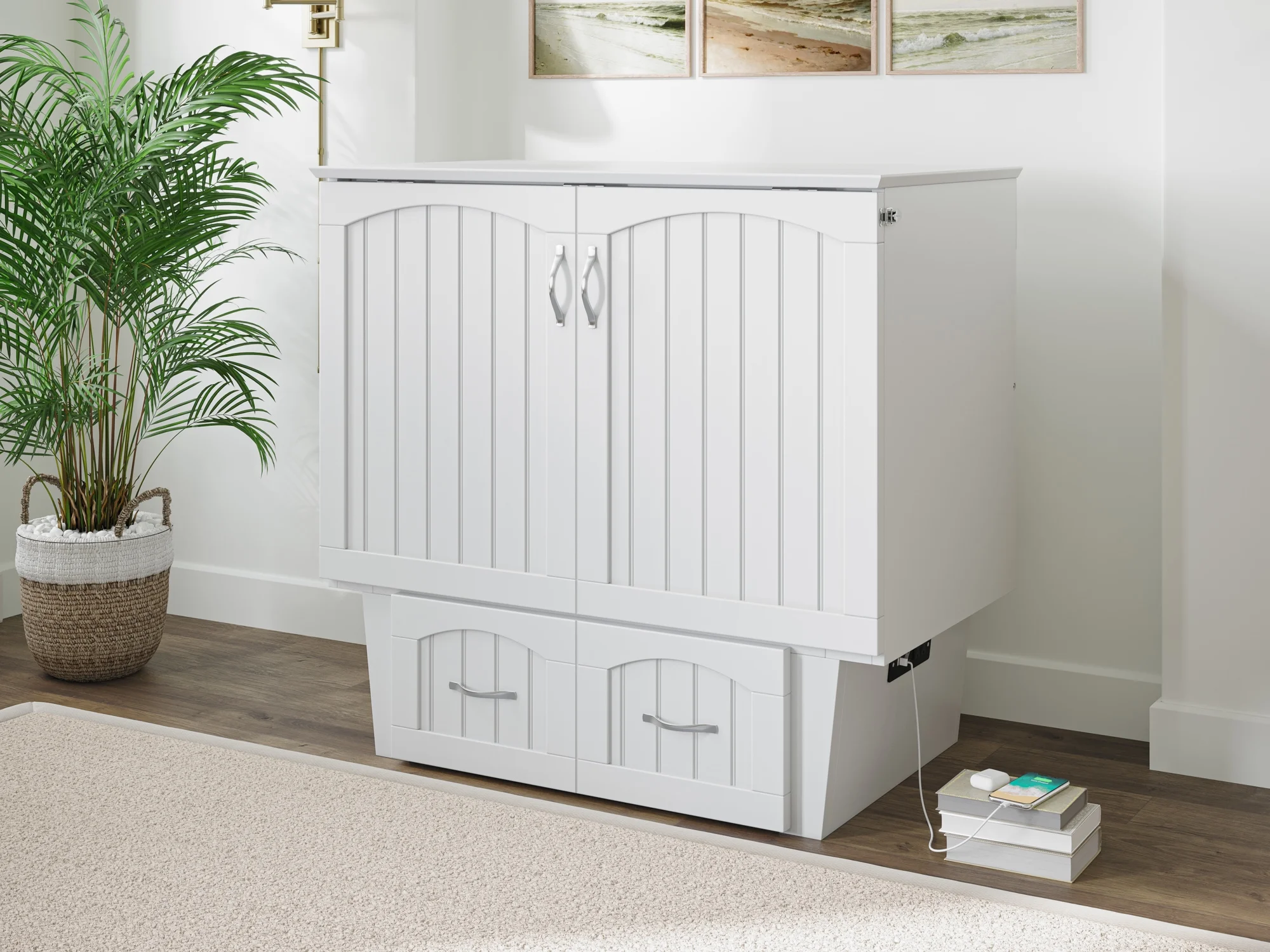 AFI Nantucket Twin Solid Wood Murphy Bed Chest with Mattress, Drawer & Charger in White