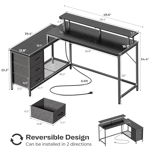 Huuger Reversible L Shaped Computer Desk with Drawers, Gaming Desk with LED Lights and Power Outlets, Office Desk with Storage Shelves