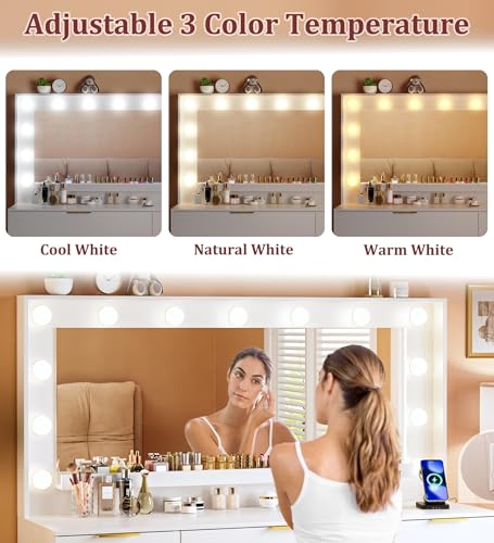 Vanity Desk with Large Mirror and Lights, 45.3in Makeup Vanity with Power Outlet 9 Drawers & Storage, 3 Lighting Color Adjustable