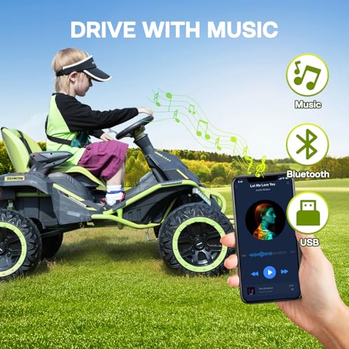 24V Ride on Toy for Big Kids, Kids' Electric Vehicles Outdoor Race Toy with 4 Strong Motors Total 300W Bluetooth Speaker and 24V 7AH Big Battery