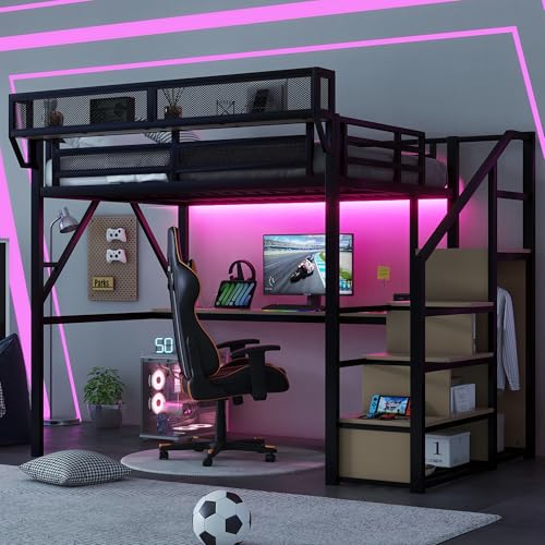 Full Size Loft Bed with Desk and Stairs, Heavy-Duty Steel Loft Bed Frame with Wardrobe & LED Light