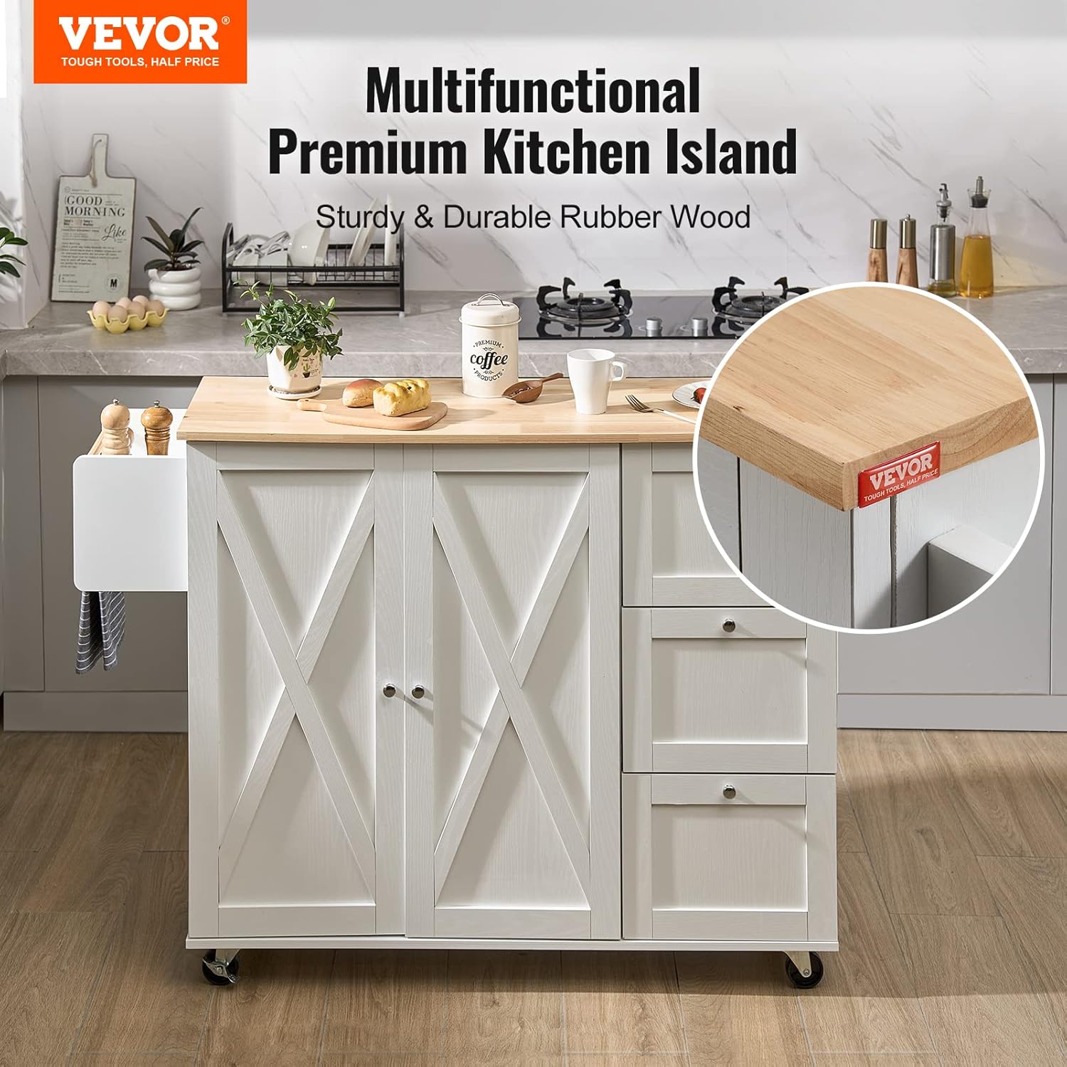 VEVOR Kitchen Island Cart with Solid Wood Top, 45.3" Width Mobile Carts with Storage Cabinet, Rolling Kitchen Table with Spice Rack, Towel Rack