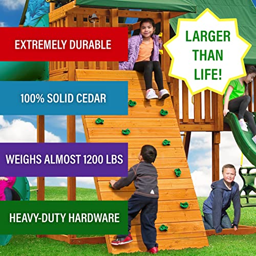 Sky Solid Cedar Wood Swing Set | Jungle Gym with Clubhouses, Rock Wall, Spiral Slide, Bottom Clubhouse, Wooden Step Ladder, Swings