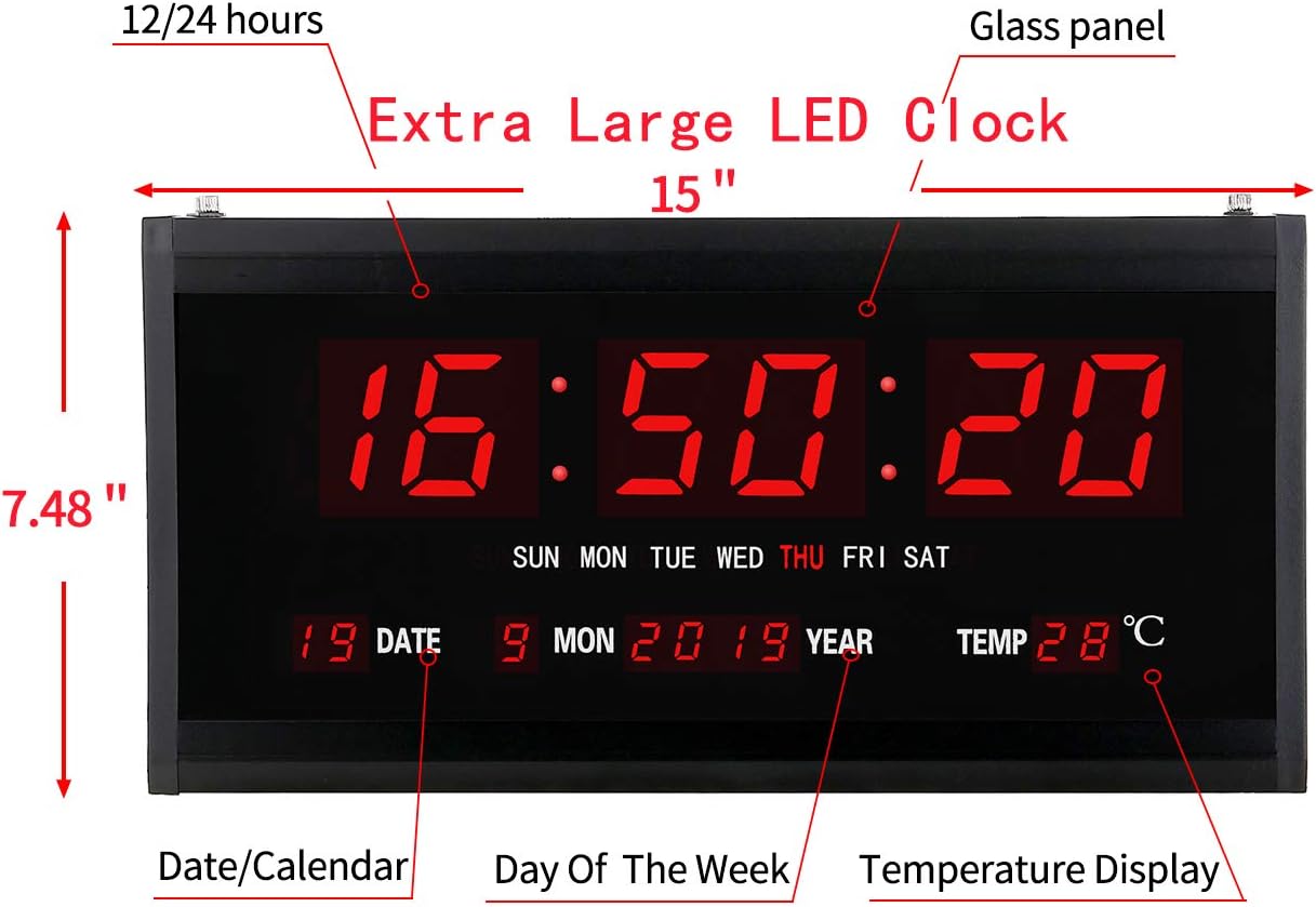 18.9 Inch Oversized LED Digital Wall Clock Large Display with Indoor Temperature Date and Day of Week