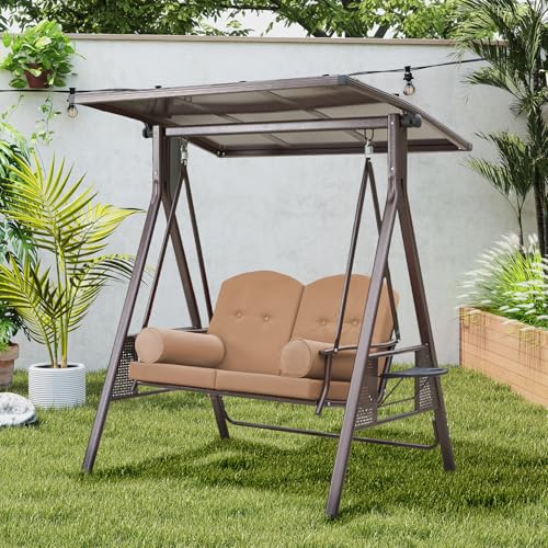 YOLENY Oversized Outdoor Porch Swing with Hardtop, 3 Seat Patio Swing with 2 Side Cup Holder, 3-in-1 Convertible Backrest Swing Bed with Cushion
