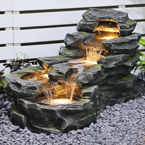 37" L Garden Outdoor Water Fountain, Floor Standing 5-Tiers Rock Natural Waterfall Outdoor Fountains with LED Lights for Patio, Porch, Home Art Decor