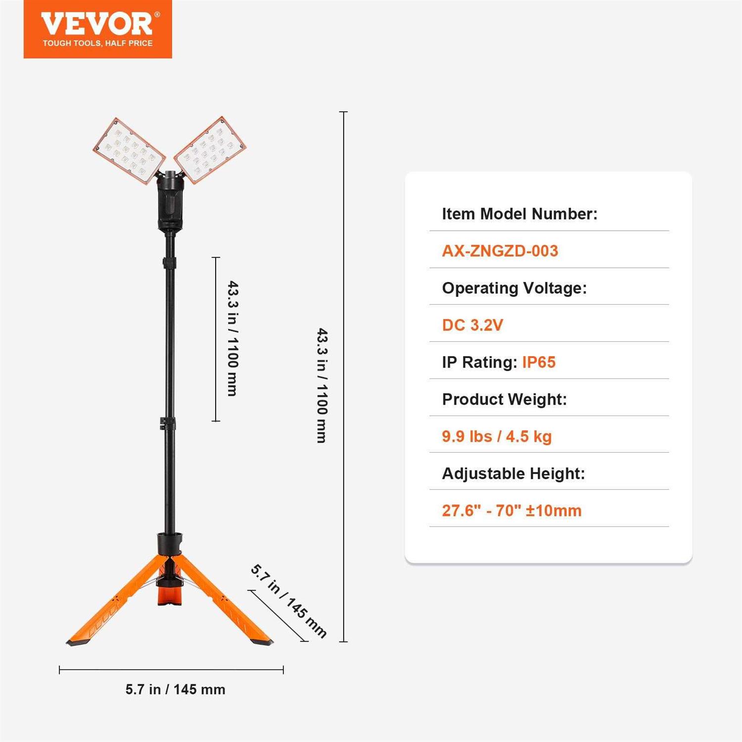 VEVOR Led Work Light 2500 lm Jobsite Light 27.6 in. to 70 in. Adjustable with Foldable Tripod Stand Wireless Remote Control