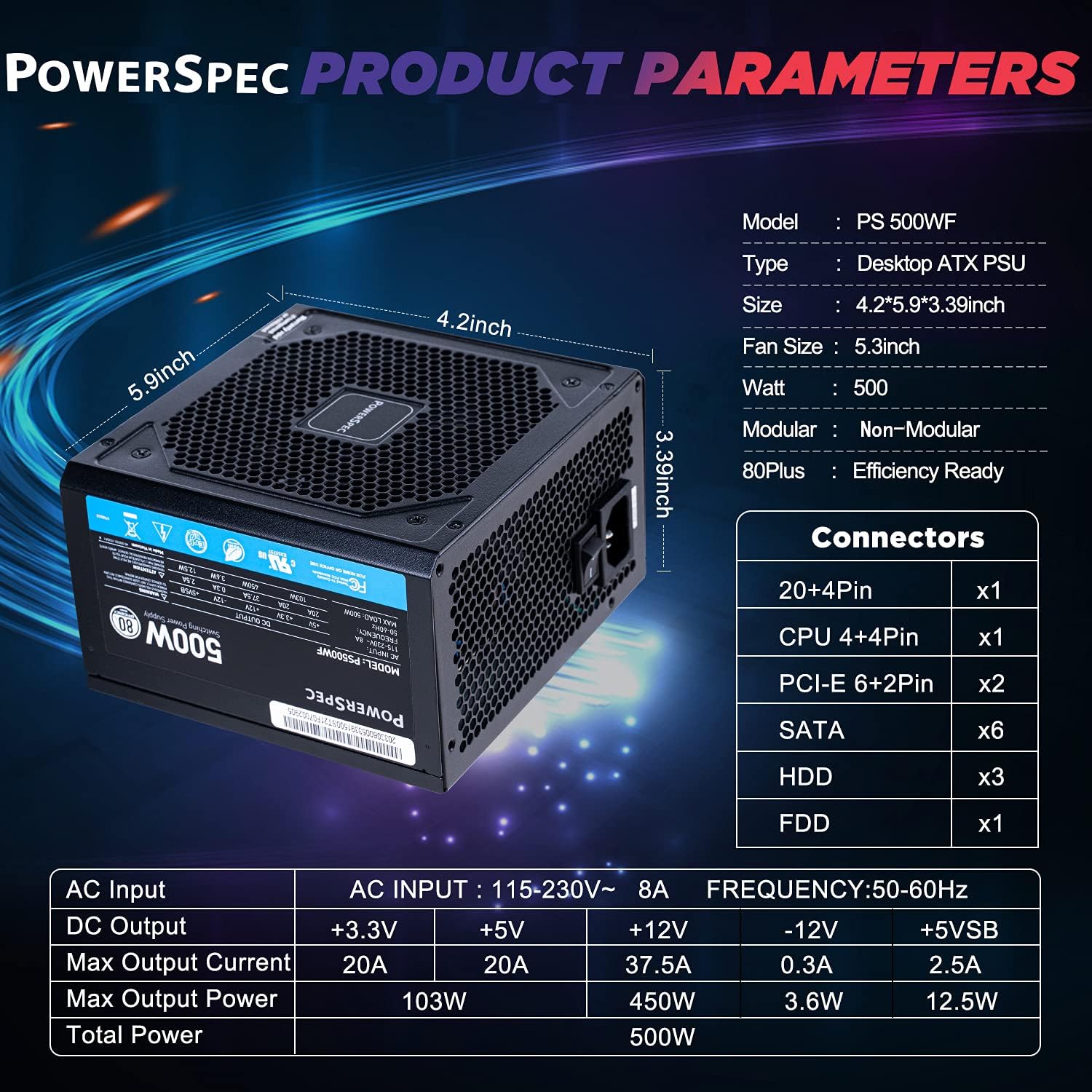 PowerSpec 650W Power Supply 80 Plus Bronze Certified Fixed Cable Non-Modular ATX PSU Active PFC SLI Crossfire Ready Gaming PC Computer Switching