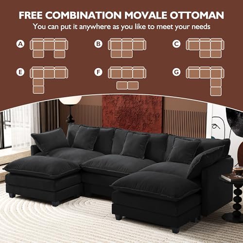 Ihanherry 111.4" U Shaped Modern Cloud Sofa Modular Sectional Couch with 2 Ottoman, 5-Seat Chenille Deep Seat Sofa with Pillow for Living Room