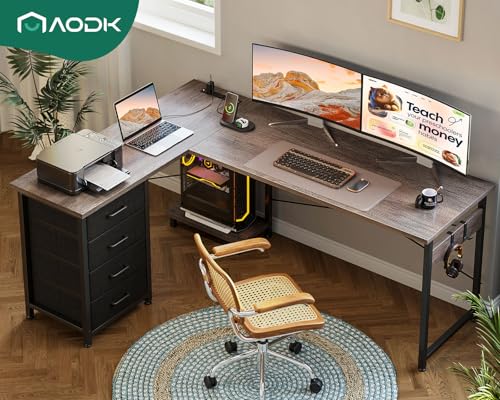 AODK L Shaped Gaming Desk with 4 Drawers, 61" Reversible Home Office Desks with Power Outlets