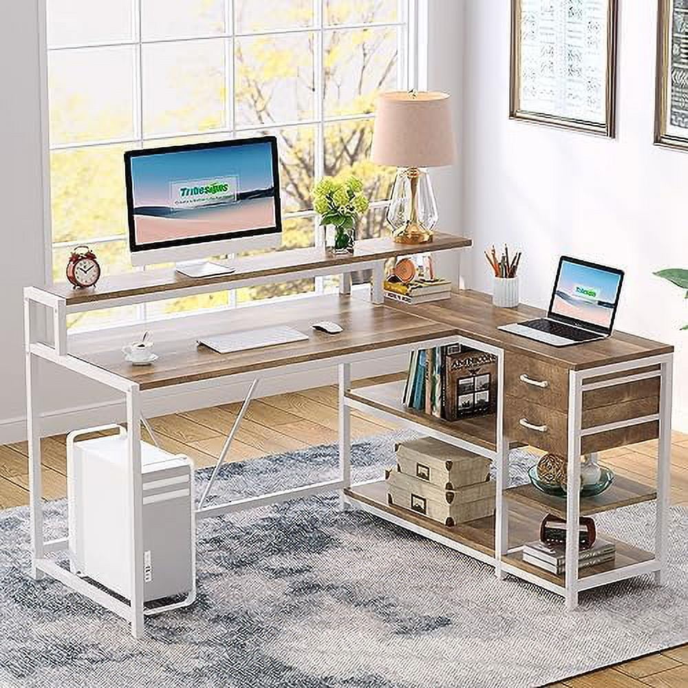 Reversible L Shaped Desk with Drawer  Industrial Corner Desk  Office Table with  Shelves and Monitor Stand  Rustic Wooden and Metal PC Desk for Small