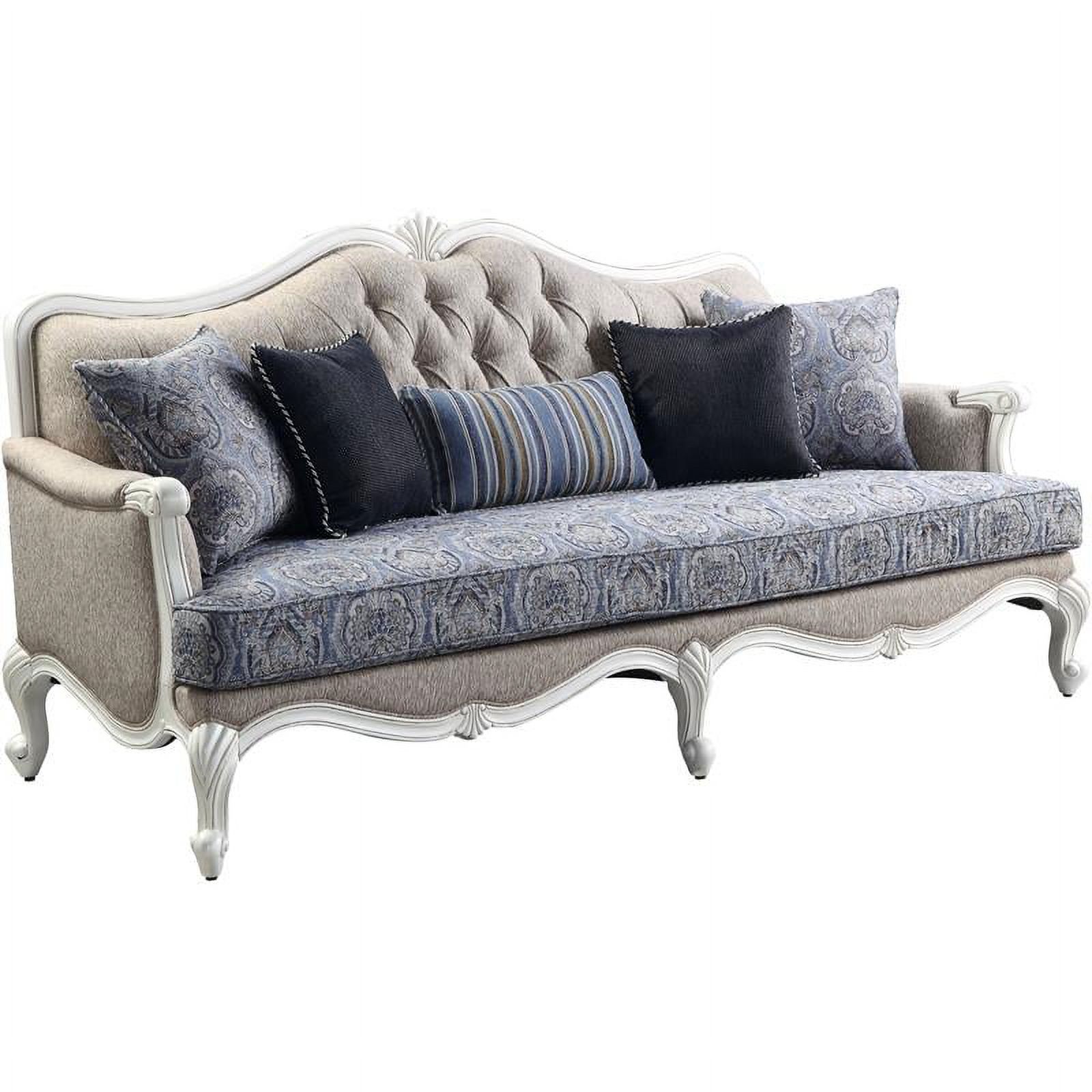 Bowery Hill Transitional Sofa with 5 pillows in Fabric and White Finish