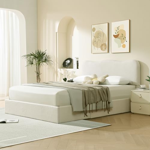 VELOCAVA Queen Size Lift-Up Storage Bed, Upholstered Boucle Bed with Curved Headboard, Rounded Corners, Sturdy Wooden Slat Support
