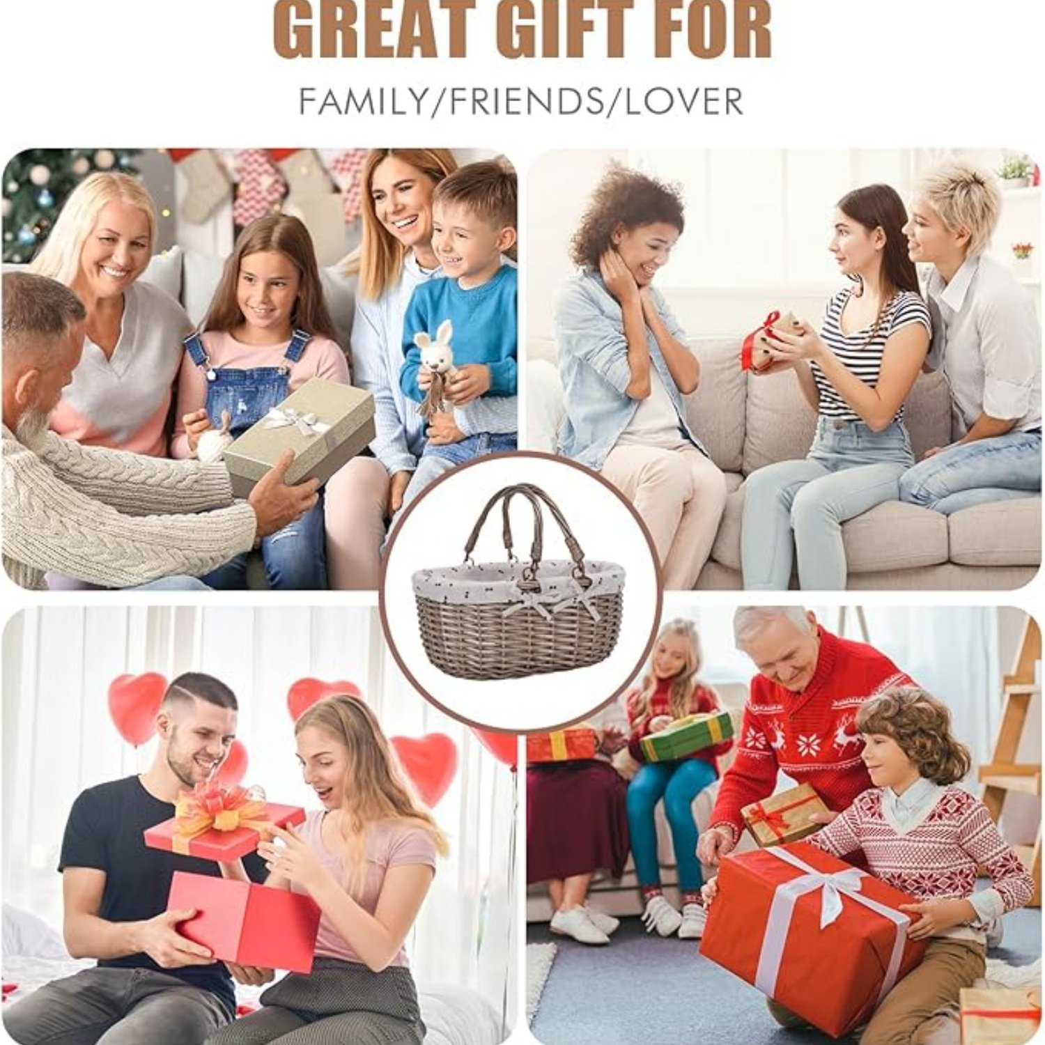 Oval Picnic Basket with Folding Handles, Willow Hand Woven Shopping Basket, Bath Toy Kids Toy Storage Gift Packing Basket