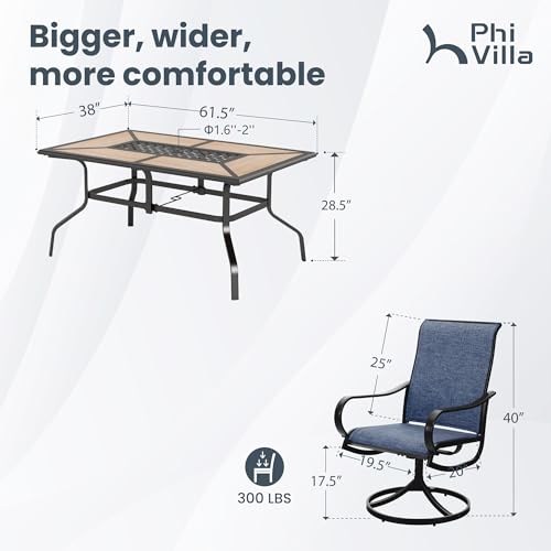 PHI VILLA 5 PCS Outdoor Patio Dining Set with Swivel Dining Chairs (Blue) and 37"x 37" Metal Steel Dining Table(1.57" Umbrella Hole)
