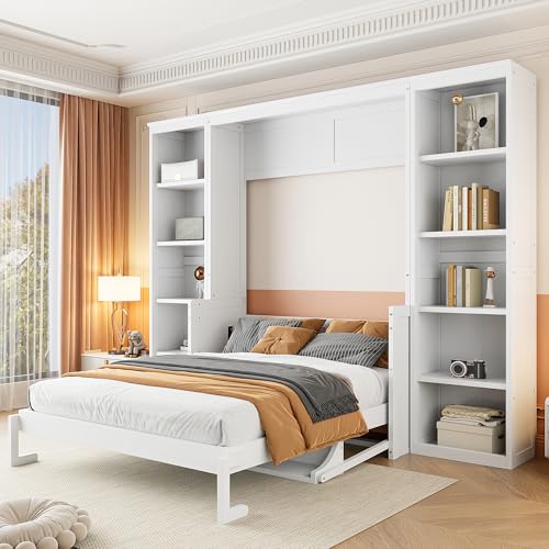 Queen Size Murphy Bed Wall Cabinet with 2 Wardrobe and Storage Shelf, Wooden Murphy Cube Wall Bed