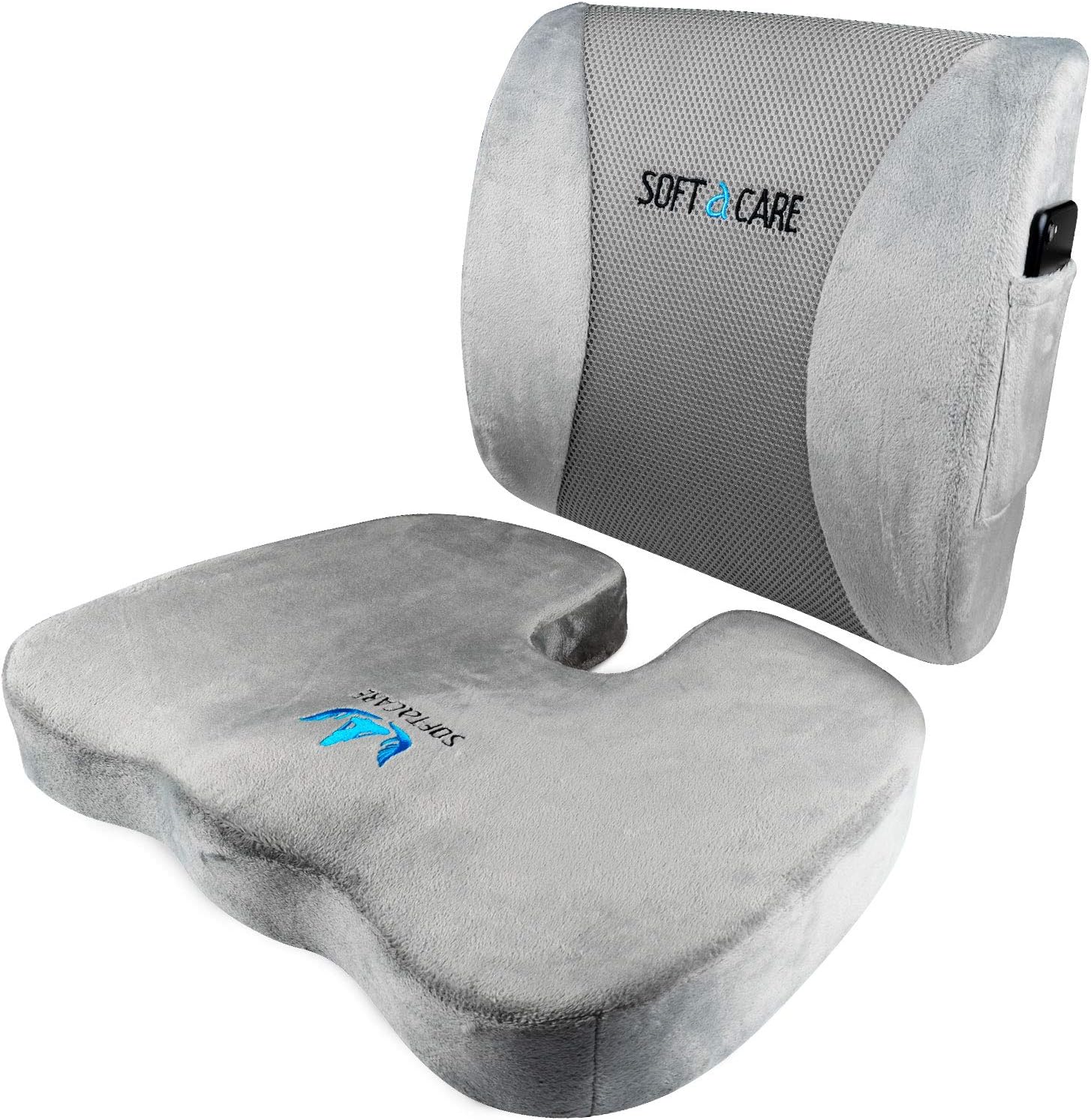 SOFTaCARE Seat Cushion Coccyx Orthopedic Memory Foam and Lumbar Support Pillow, Set of 2 (Light Grey, 2 pcs)