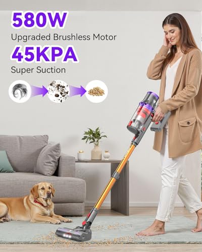 Coovy Cordless Vacuum Cleaner SU7, 580W 45Kpa 75 Minutes Runtime Stick Vacuum with Touch Screen