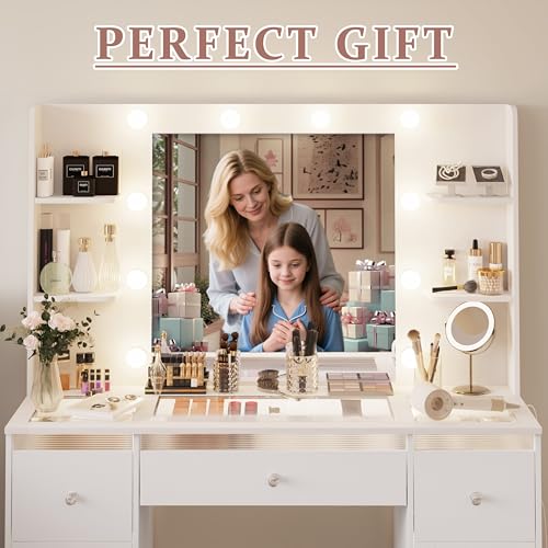 Makeup Vanity with Lights 3 Colors, Glass Top Vanity Desk with 7 Lighted Drawers, 4 Shelves, Power Outlet, Makeup Desk with Mirror for Bedroom
