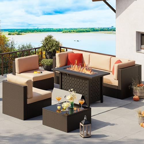 Vongrasig 6 Pieces Outdoor Patio Furniture Set, PE Wicker Rattan Sectional Sofa Patio Conversation Sets with Coffee Table for Garden, Backyard