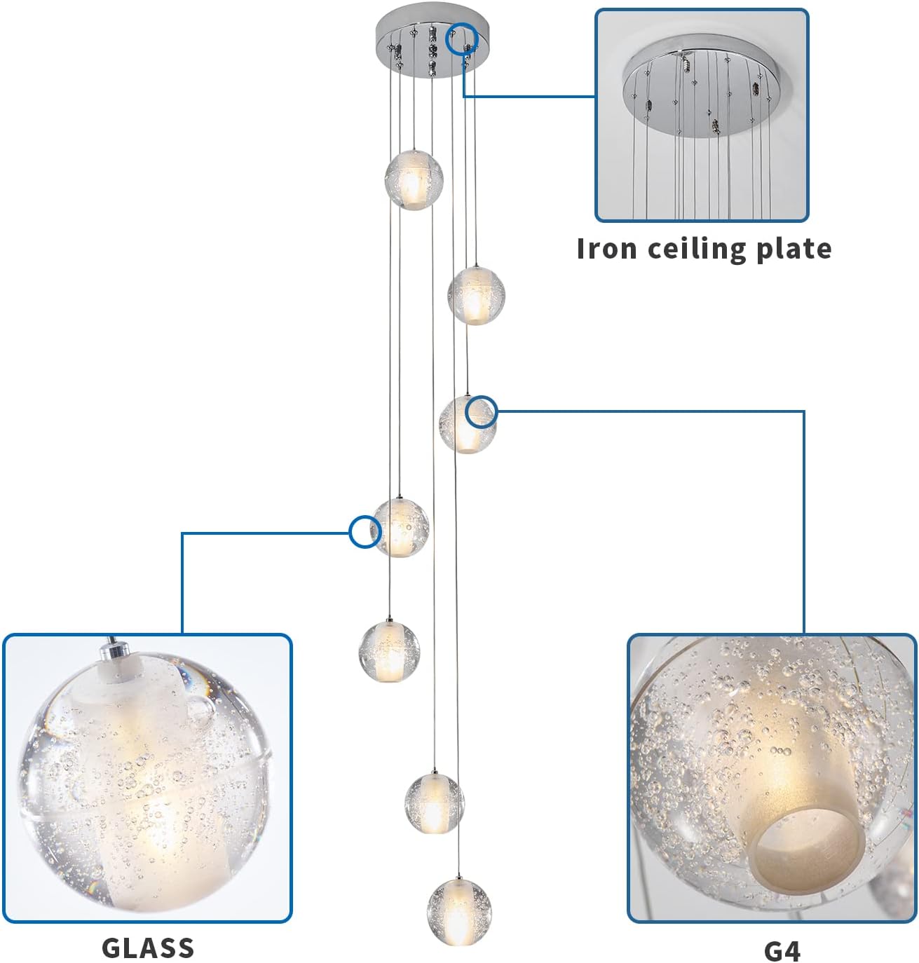 Modern Crystal Chandelier 7 Lights High Ceiling Chandelier Foyer Staircase Raindrop Ceiling Light Fixture Villa Crystal Ball Spiral Pendant Light for