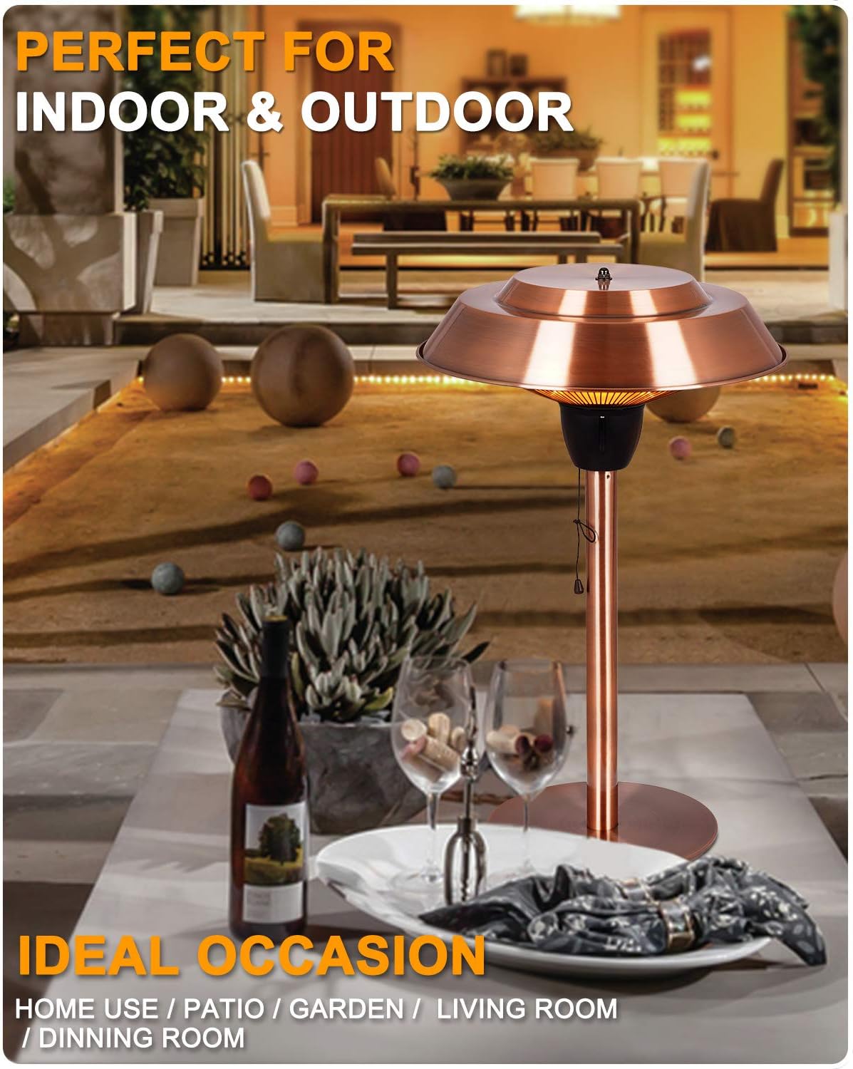 Star Patio Electric Patio Heater, Outdoor Heater, 1500W Infrared Heater with Brush Copper Finished, Tip-Over Protection, Electric Tabletop Heater