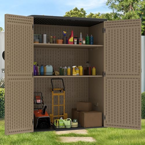GOOBED Vertical Outdoor Storage Shed, 59 Cubic Feet Resin Tall Shed, Lockable Waterproof Tool Organizer for Garden, Garage, Patio, No Shelves (Brown)
