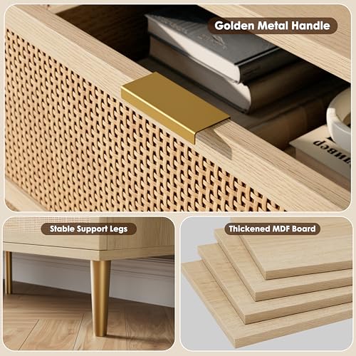 Rattan 5 Drawer Dressers for Bedroom, Tall Dresser with Deep Drawers, Large Chest of Drawers for Closet with Wide Top